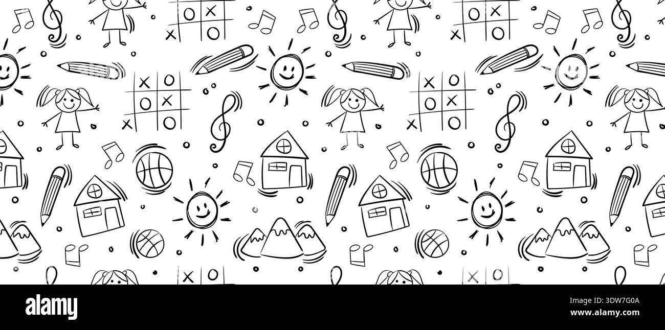 Kinder zeichnen Doodle nahtloses Muster mit Sonnenhäusern und Figuren, kindlicher lustiger Hintergrund für Kinderzimmer und Stoff Stock Vektor