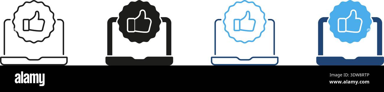 Laptop Mit „Daumen Hoch“-Abzeichen Und Festem Symbolsatz. Online-Genehmigung, positives Feedback und digitale Empfehlung – Outline und Silhouettensymbol Stock Vektor