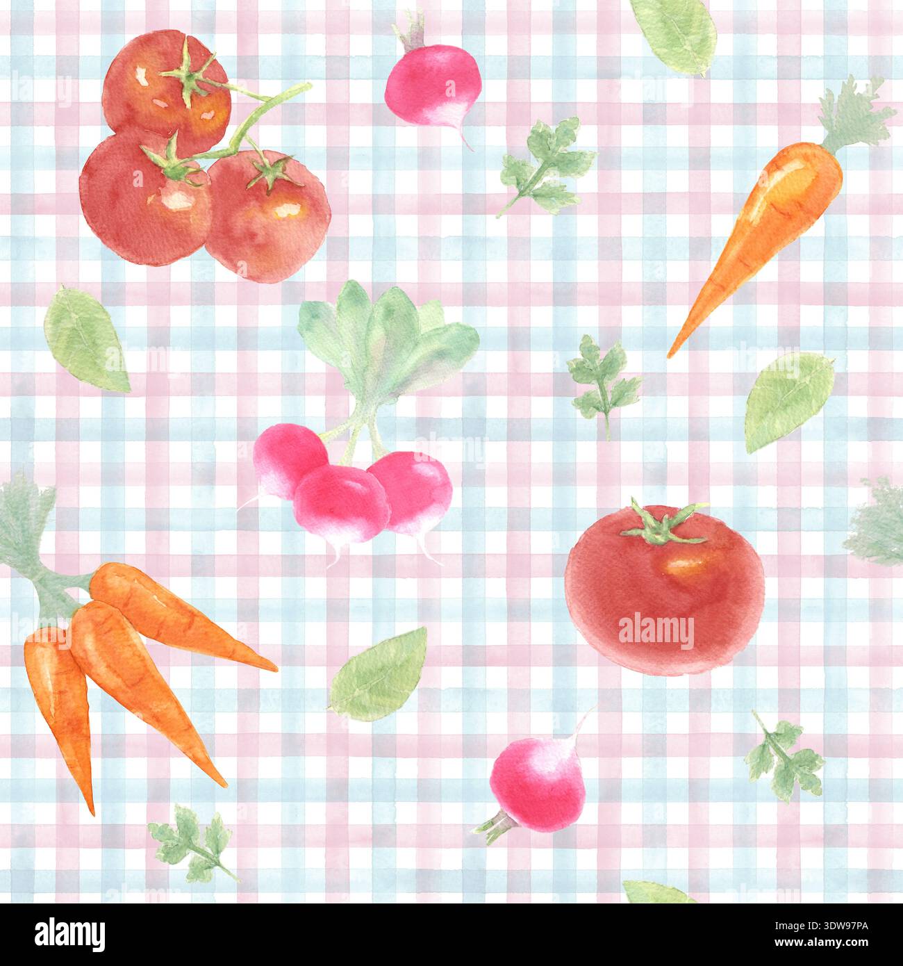 Weiche Aquarellmuster mit Tomaten, Karotten, Radieschen und Kräutern auf pastellfarbenem Gingham. Frische Bauern vermarkten Gemüse in einem rustikalen Sommerkitc Stockfoto