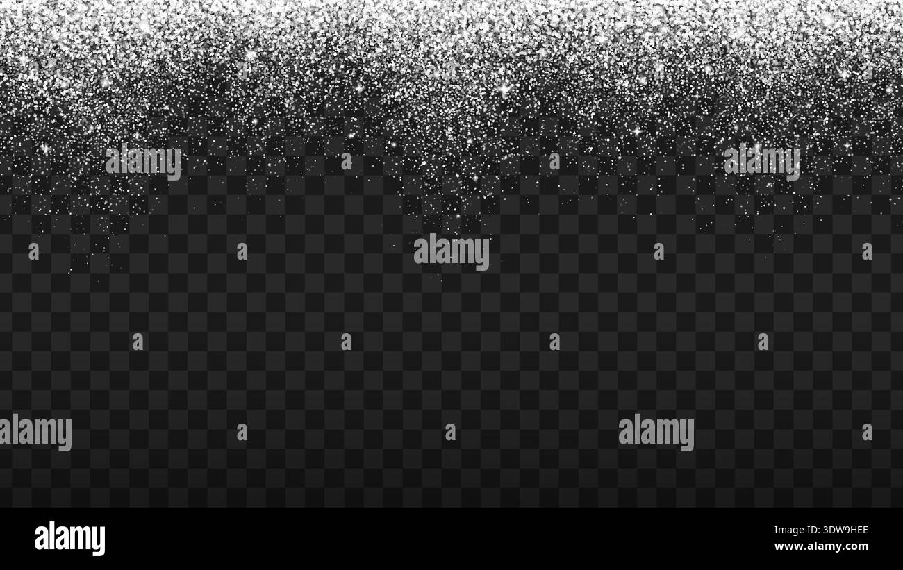 Silberne glänzende Glitzerpartikel Vektor-Hintergrund, fallender Sternenstaub, festlicher Feiertagsspray-Effekt. Leuchtendes Konfetti glänzt, Sternschnuppen, Märchenzauber, strahlender Schimmer. Neujahr-Glitzerpartikel Stock Vektor