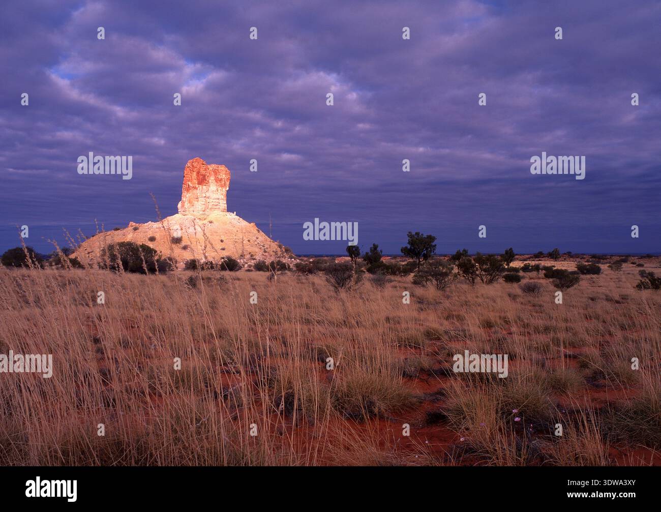 Sturmwolken über Chambers Pillar, einer hoch aufragenden Sandsteinformation etwa 160 km südlich von Alice Springs im Northern Territory von Australien. Stockfoto