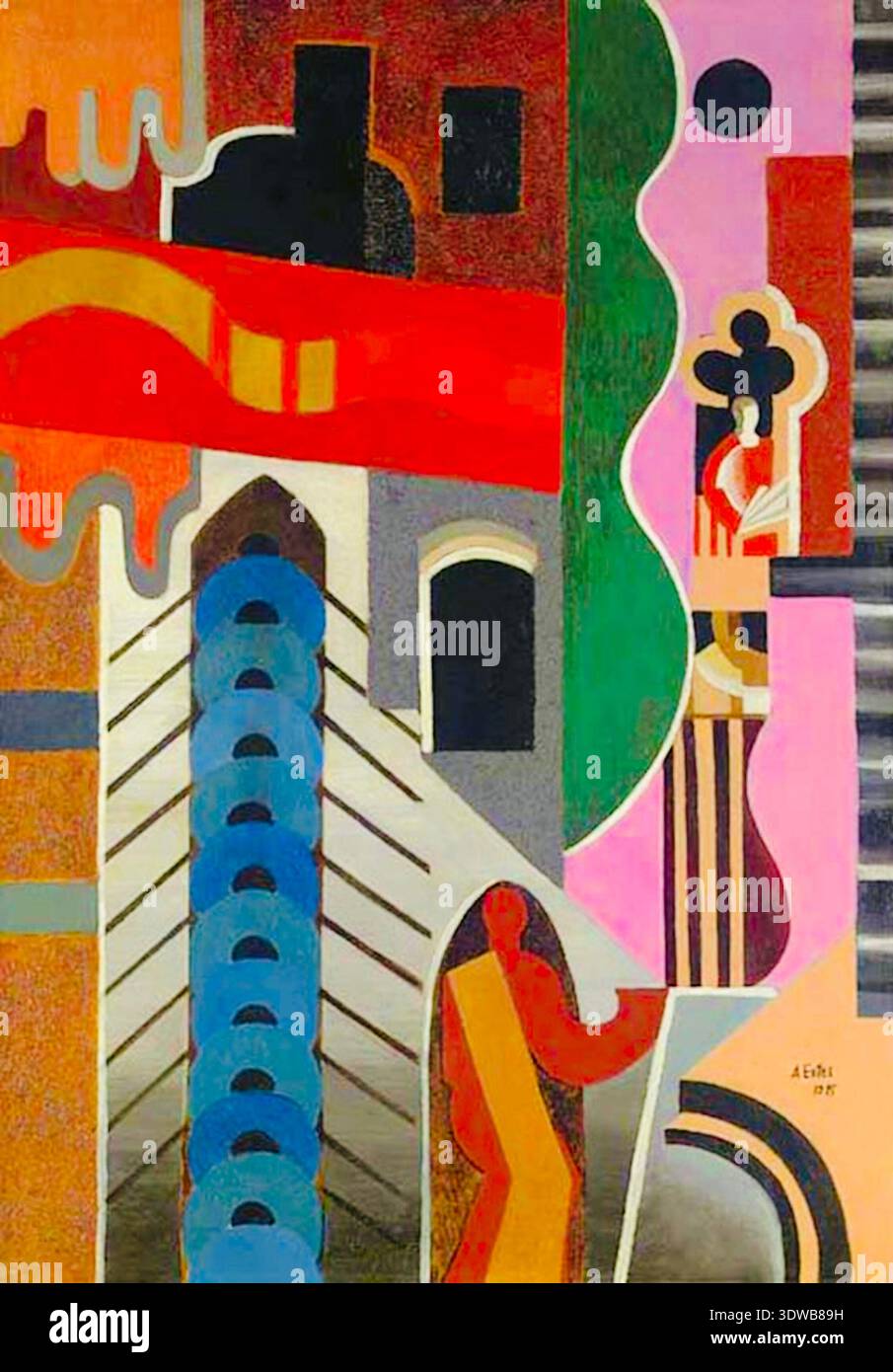 Alexandra Exter (1882–1949) – das Boot und die Stadt – 1925 – Venedig – die Komposition besteht aus sich überschneidenden, fragmentierten Formen, die eher architektonische Elemente wie Bögen und Säulen als wörtliche Darstellungen vermuten lassen. Exters Arbeiten überbrückten oft die Welten der Malerei und der Theatergestaltung, was sich hier in der bühnenartigen Anordnung der verschiedenen Elemente zeigt. Stockfoto