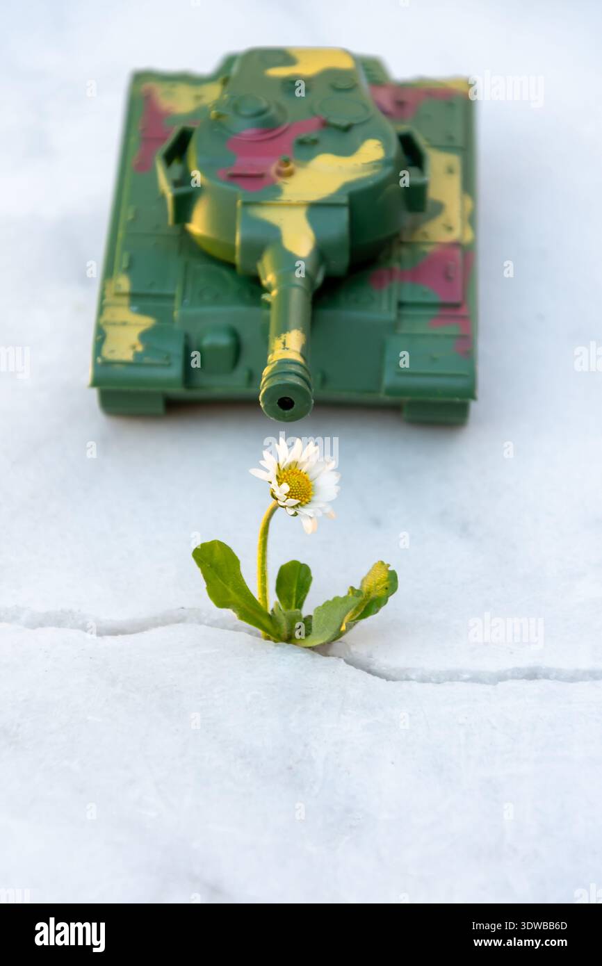 Konzept von Frieden und Hoffnung im Gegensatz zum Militärfahrzeug auf weißem Hintergrund. Stockfoto