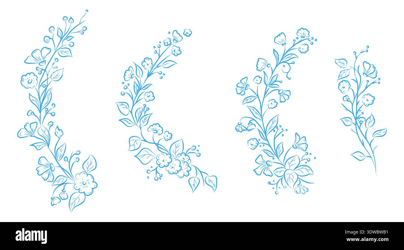 Blumenränder mit Blumen, Zweigen und Blättern. Vektorabbildung. Handgezeichnete botanische Rundkränze mit Ästen und Knospen in Linienkunst, isoliert o Stock Vektor