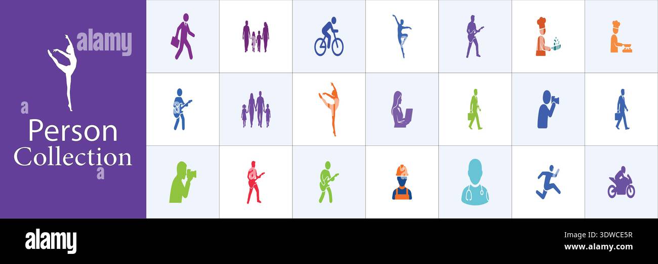 Eine lebendige Sammlung farbenfroher Silhouettensymbole, die Menschen repräsentieren, die in verschiedenen Berufen und Aktivitäten tätig sind. Perfekt für Websites und Apps Stock Vektor