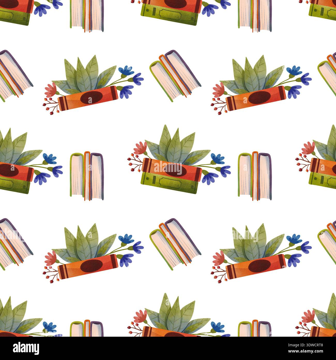 Nahtloses Muster mit Büchern, die mit Blumen dekoriert sind, handgezeichnet in einem einfachen Aquarellstil. Stockfoto