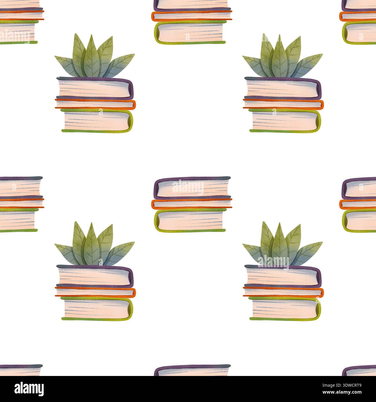 Nahtloses Muster mit handgezeichneten Büchern und Blumen in einem einfachen Aquarellstil Stockfoto