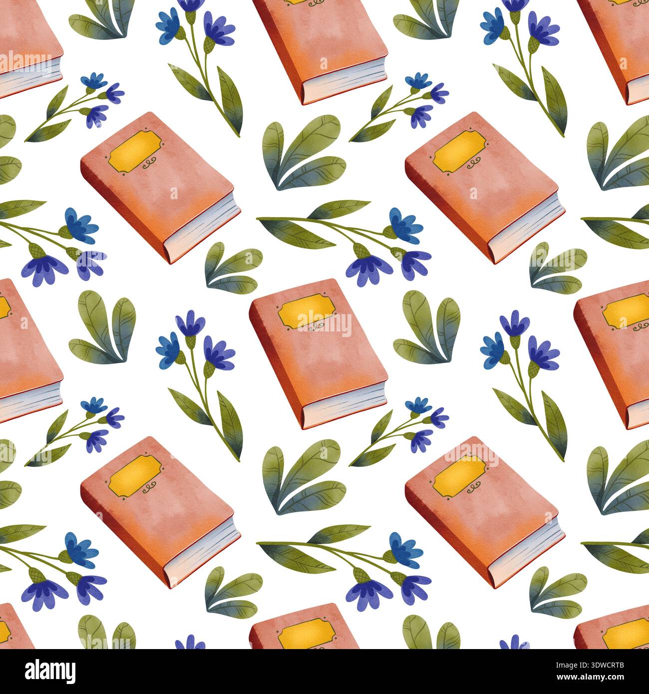 Nahtloses Muster mit Hardcover-Büchern mit blauen Blumen, handgezeichnet im einfachen Aquarellstil Stockfoto