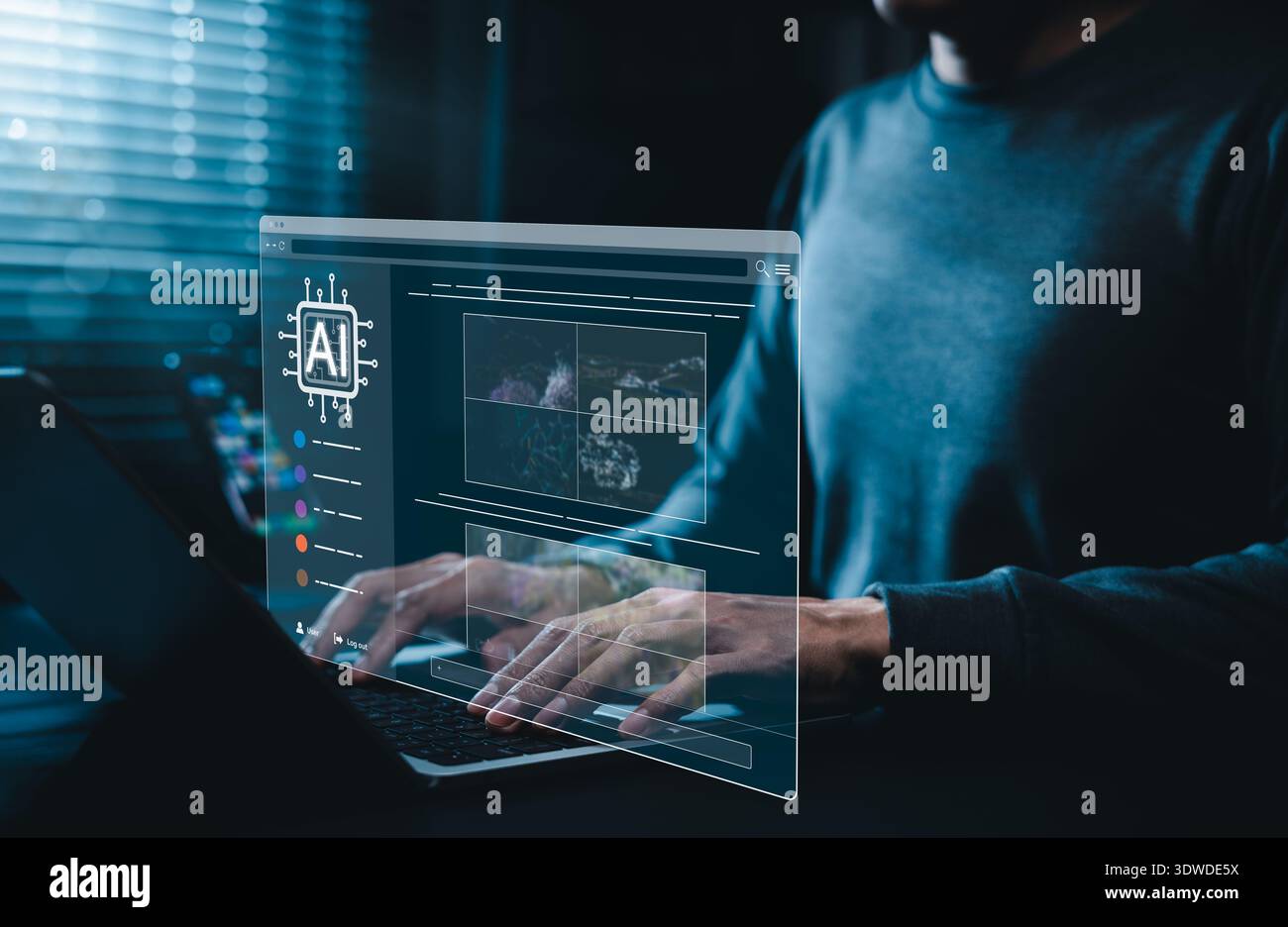 KI-Bilderstellungstechnologie. Man verwendet KI-Software auf einem Laptop, um Bilder zu generieren, die eine futuristische Benutzeroberfläche darstellen. Bildschirm mit visueller Aufforderung. Stockfoto