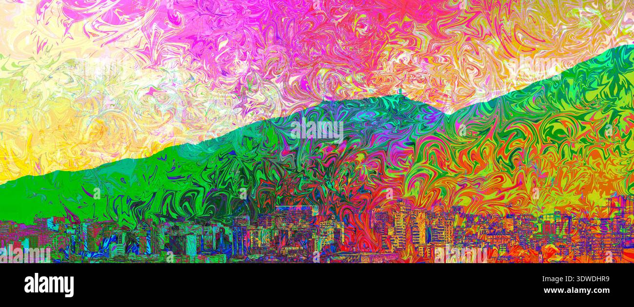 Lebendiges abstraktes digitales Kunstwerk, das eine stilisierte Skyline der Stadt unter einer atemberaubenden Bergsilhouette darstellt. Die Komposition zeichnet sich durch kräftige, gesättigte Co-Effekte aus Stockfoto