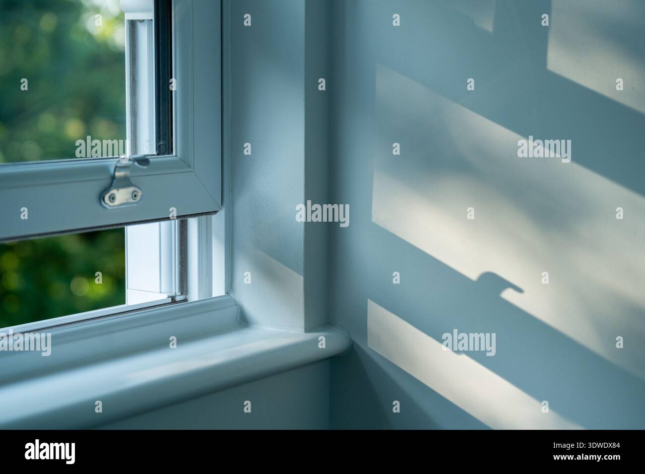 Weiches, natürliches Licht wirft komplizierte Schatten durch ein Fenster auf eine Wand in einem Londoner Wohnraum und schafft eine ruhige und stimmungsvolle Szene voller W Stockfoto
