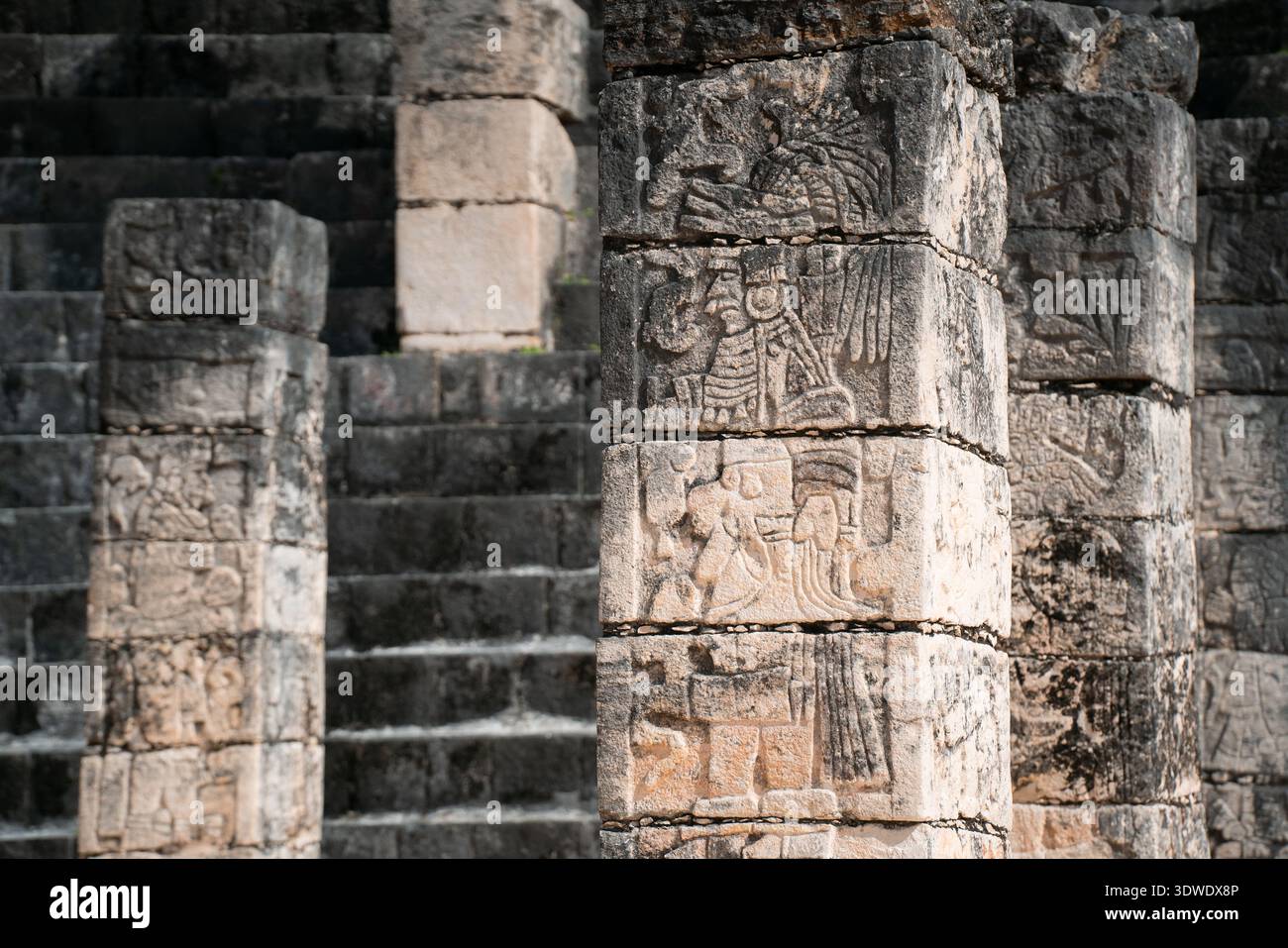 Die komplizierten Steinschnitzereien schmücken die antiken Ruinen von Chichen Itza. Diese historischen Stiche spiegeln das reiche kulturelle Erbe und das künstlerische Pro wider Stockfoto