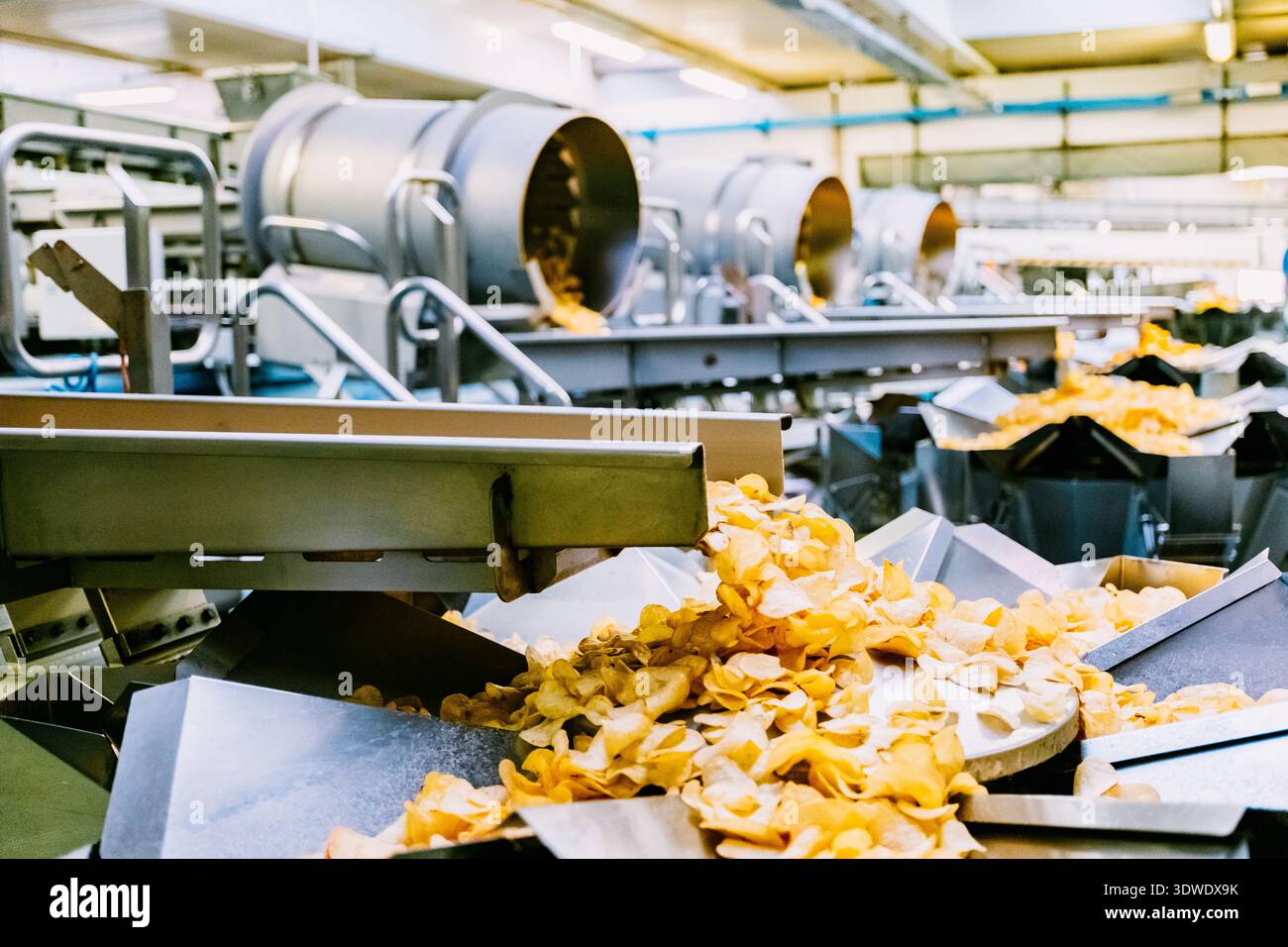 Automatisierte Maschinen verarbeiten Chips in einer modernen Fabrik, was effiziente Produktionsmethoden hervorhebt. Das Bild erfasst die industrielle Einrichtung und die Technologie Stockfoto