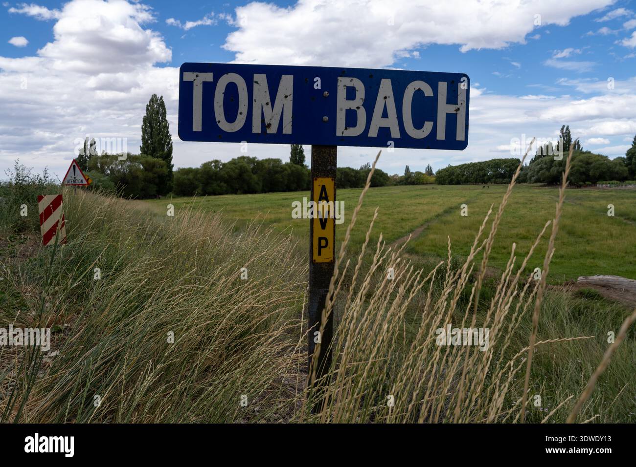 Tom Bach Straßenschild, Provinz Chubut, Patagonien, Argentinien, Südamerika. Stockfoto