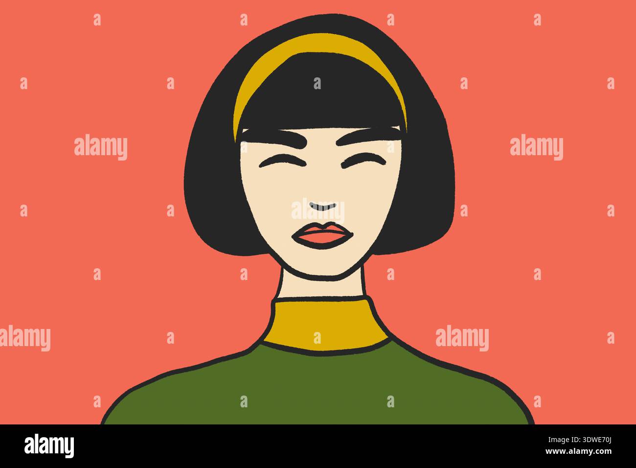 Zeitgenössische digitale Illustration einer lächelnden Frau mit kurzen schwarzen Haaren, die ein grünes Outfit und ein gelbes Stirnband trägt, gegen einen gedämpften Korallenrücken gestellt Stockfoto