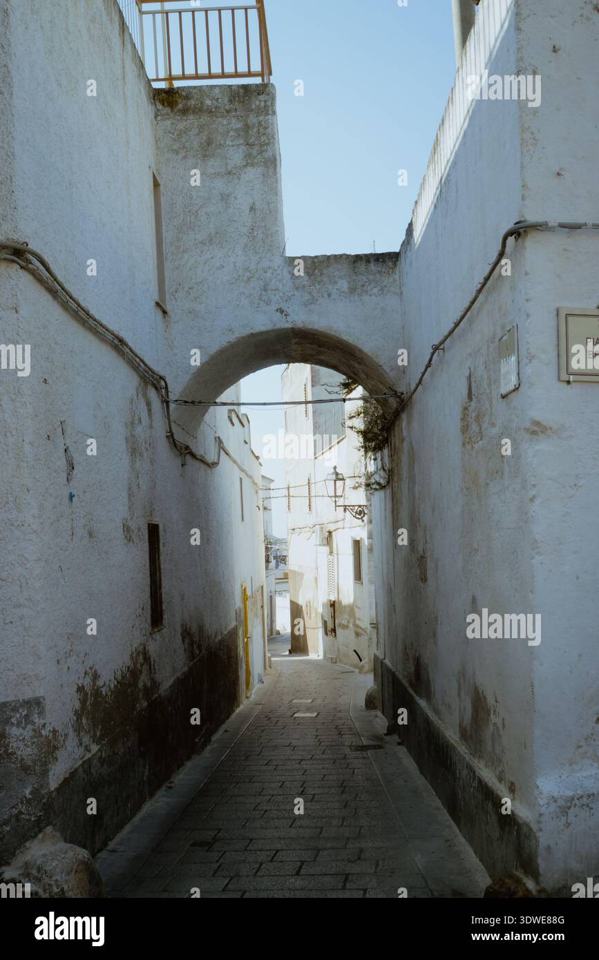 Gasse eines apulischen Dorfes in seiner alten weißen Pracht. Stockfoto