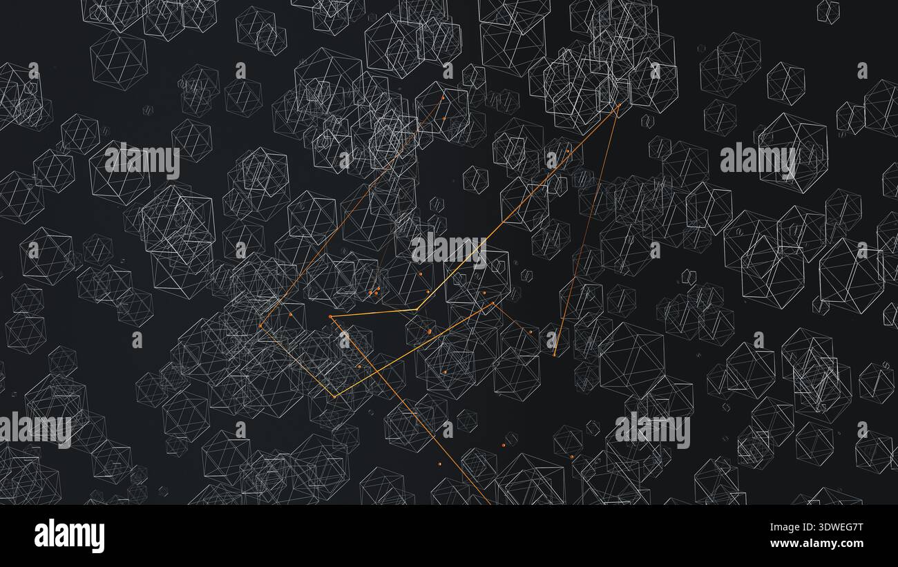 Dieses Design verfügt über einen dynamischen, abstrakten 3D-Hintergrund mit geometrischen Formen und sich schneidenden Linien, die ein lebendiges visuelles Erlebnis schaffen. Stockfoto