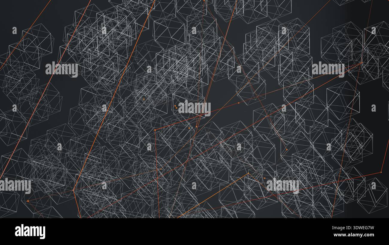Dieses Design verfügt über einen dynamischen, abstrakten 3D-Hintergrund mit geometrischen Formen und sich schneidenden Linien, die ein lebendiges visuelles Erlebnis schaffen. Stockfoto