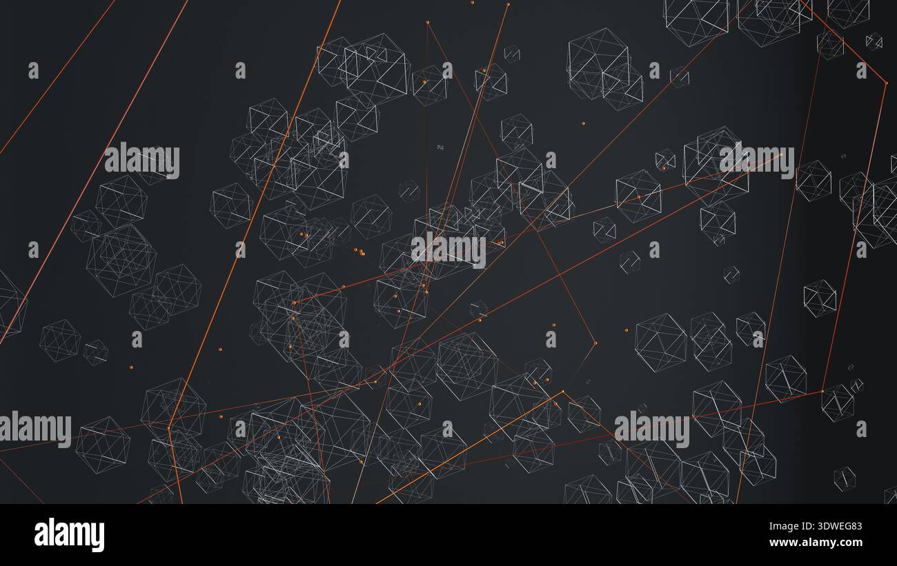 Dieses Design verfügt über einen dynamischen, abstrakten 3D-Hintergrund mit geometrischen Formen und sich schneidenden Linien, die ein lebendiges visuelles Erlebnis schaffen. Stockfoto