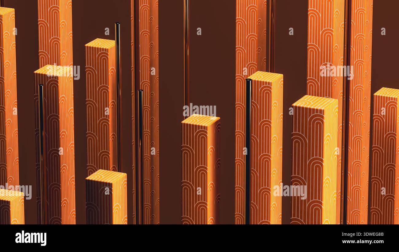 Diese Szene zeigt eine Sammlung vertikaler Linien in einem abstrakten 3D-Hintergrund. Die Farben und Formen erzeugen eine einzigartige geometrische Struktur. Stockfoto
