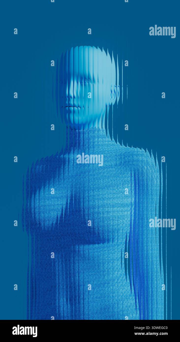 Eine Frau steht hinter Glas, ihre Silhouette ist von Blautönen verzerrt. Die Umgebung trägt zu dem einzigartigen visuellen Effekt des Glases bei. Stockfoto