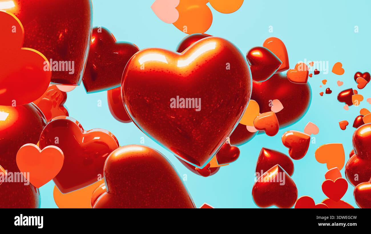 Farbenfrohe Herzen erfüllen die Luft in dieser abstrakten Umgebung, perfekt für Liebe und Freude am Valentinstag. Stockfoto