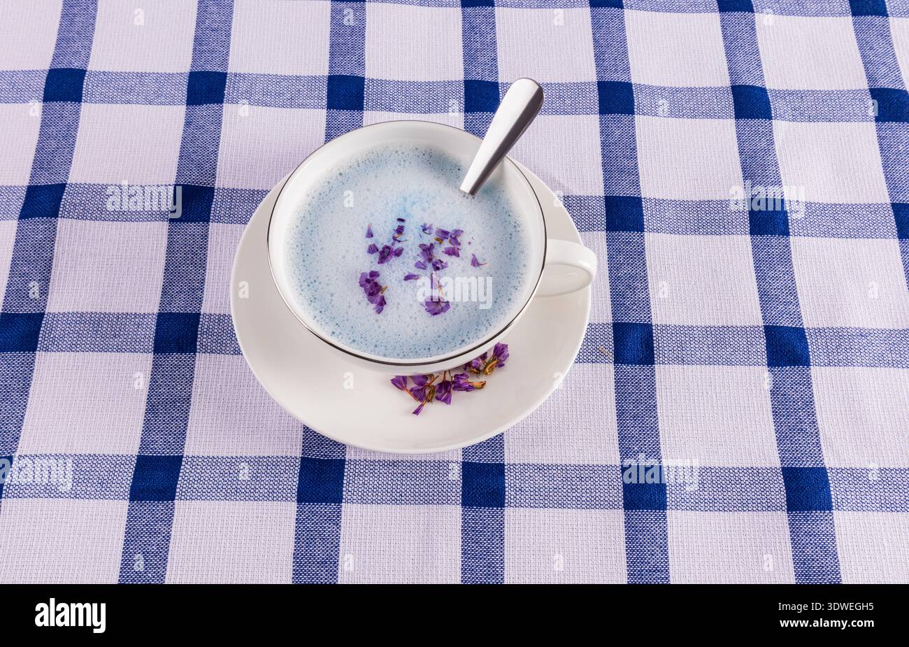 Ein zarter blauer Matcha Latte in einer weißen Tasse mit Löffel, gekrönt mit violetten Blütenblättern. Serviert auf einer weißen Untertasse, auf einem blau-weißen Karomuster Stockfoto