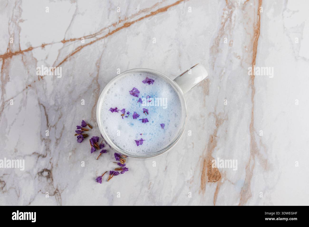 Ein beruhigender blauer Matcha Latte mit zarten violetten Blütenblättern sitzt elegant auf einer Marmoroberfläche und schafft eine perfekte Mischung aus Ruhe Stockfoto