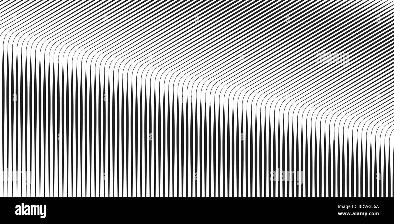Neigungslinie Halbtonabstufung gekrümmte Linien. Verblichener diagonaler Streifen-Verlaufshintergrund. Schwarzer schräger Hintergrund. Verschwindendes, dünnes Hintergrundbild mit parallelen Linien Stock Vektor
