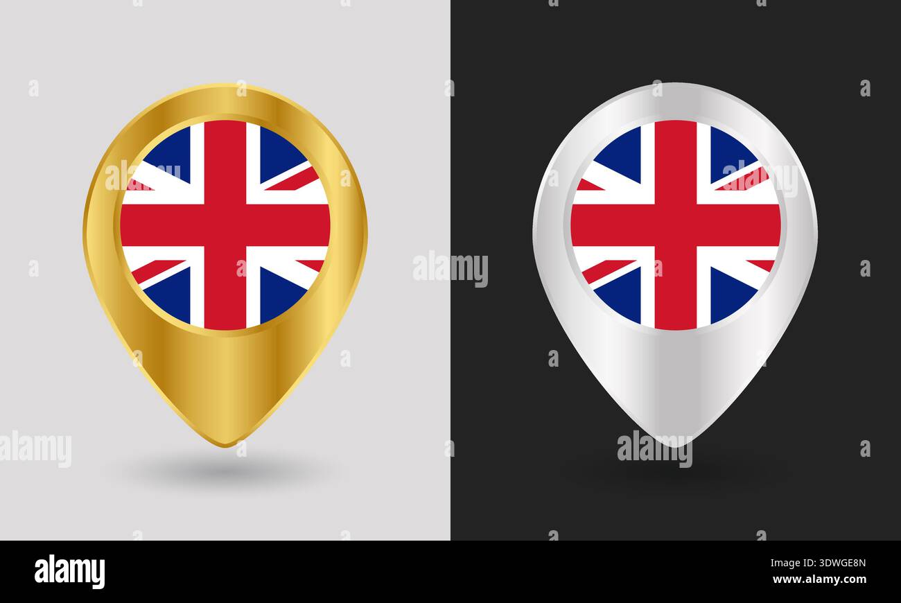 Gold und Silber United Kingdom Flag Map PIN Symbol Stock Vektor