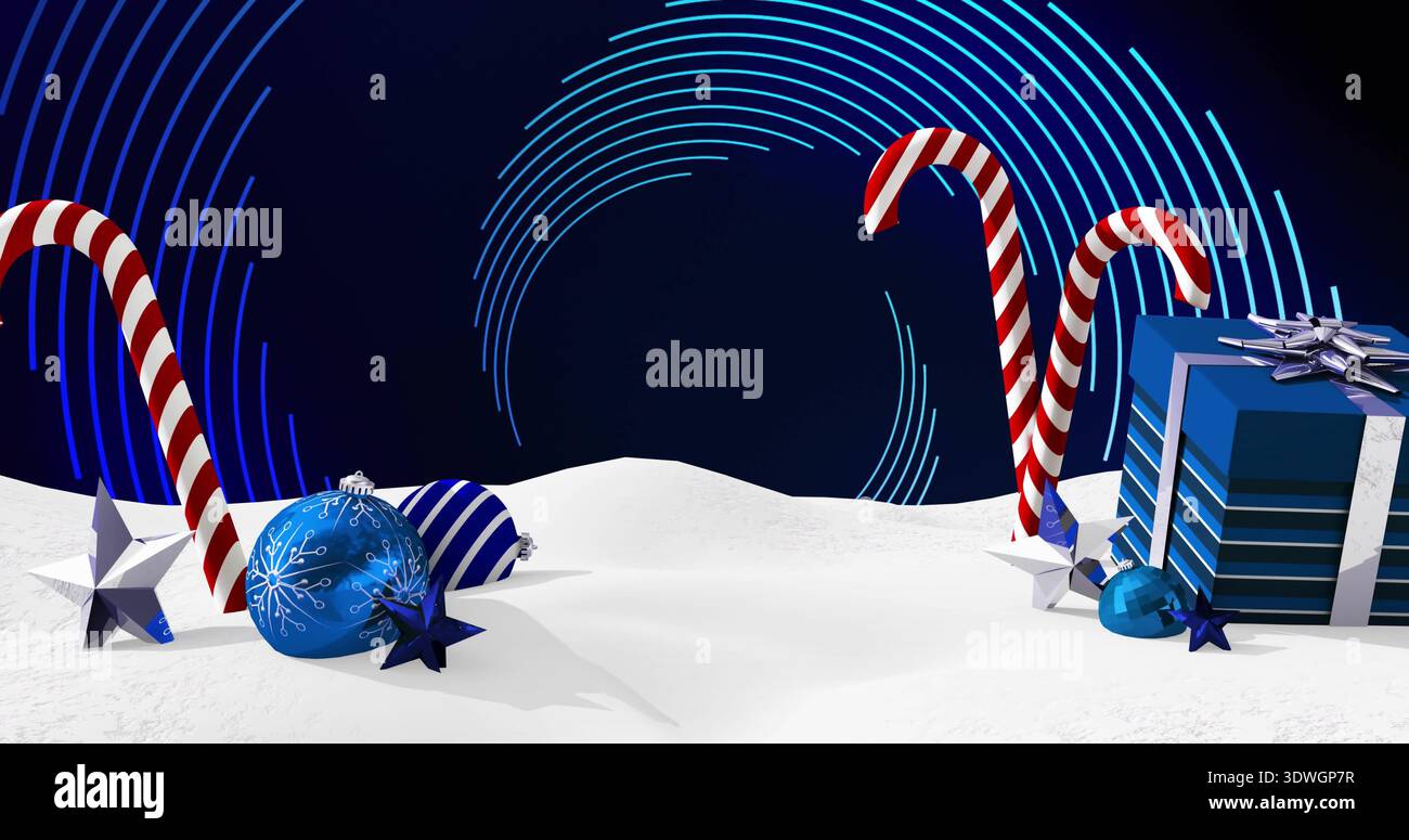 Glühender Cluster, der auf dem Schnee sitzt, mit Zuckerstangen, blauen Kugeln, Geschenkbox, Neonbögen Stockfoto