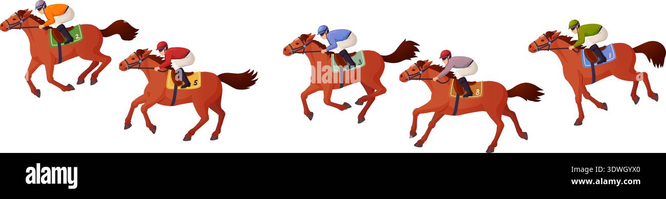 Pferderennen. Laufhengste mit Reitern Sportwettbewerb isoliert auf weißem Hintergrund Stock Vektor