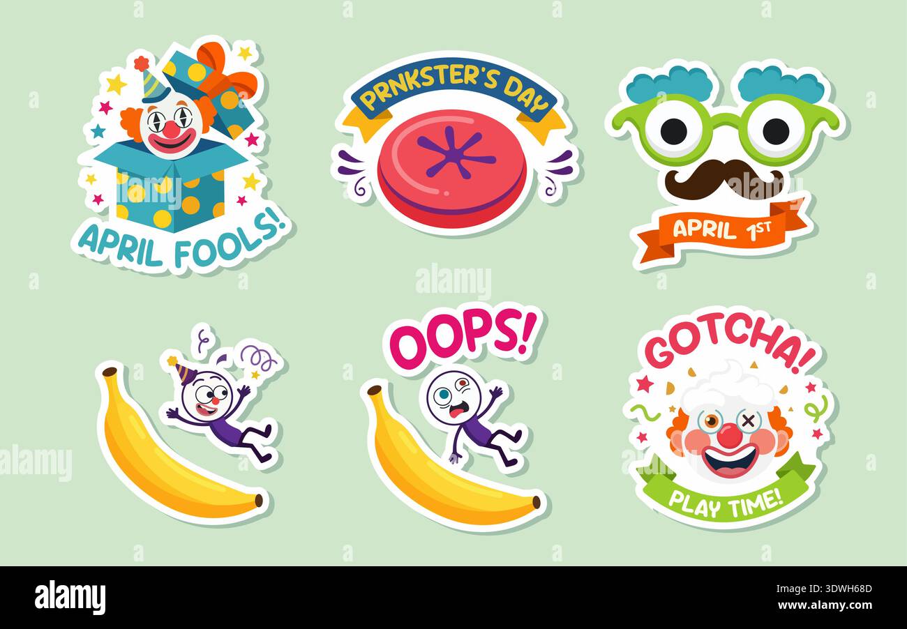April-Fools-Tag-Sticker mit Clown-Streiche und lustigen Witzen Stock Vektor