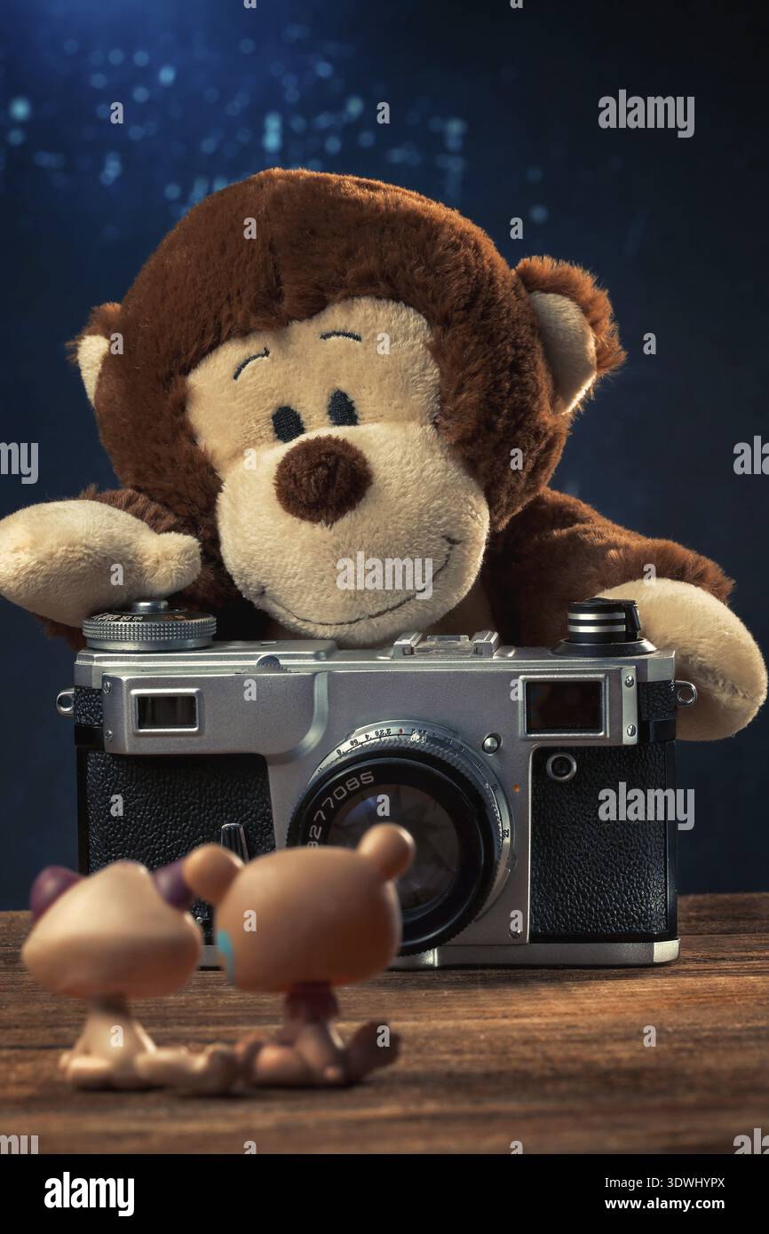 Plüschaffe mit einer alten Filmkamera, die Spielzeugtiere fotografiert. Bild für einen Kalender oder Desktop-Hintergrund Stockfoto