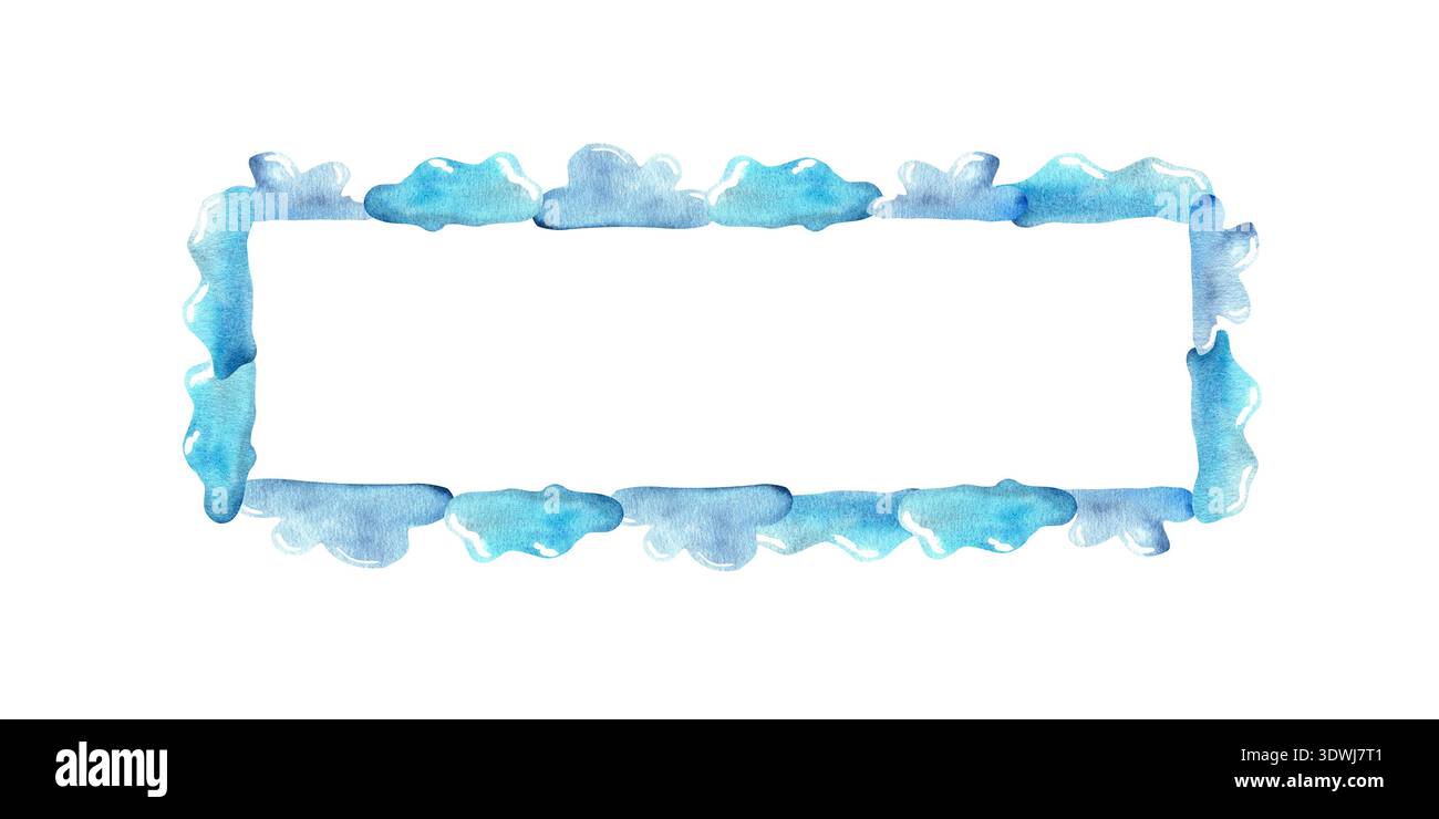 Rechteckiger Aquarellrahmen mit blauen Wolken auf weißem Hintergrund, handgemalte künstlerische Grenze für kreative Designs oder Einladungen Stockfoto