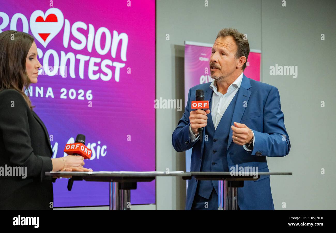 20260226 Medienupdate zum EUROVISION SONG CONTEST WIEN, OESTERREICH - 26. FEBRUAR: ORF Executive Producer des Song Contest 2026 Michael Kroen waehrend des Mediengespraechs anlaesslich eines ORF Updates zum 70. Eurovision Song Contest vom 12. bis zum 16. Mai 2026 in Wien im ORF-MedienCampus am 26. Februar 2026 in Wien, Oesterreich. 260226 SEPA 17 018 Copyright: XIsabellexOuvrardx SEPAxMedia Stockfoto