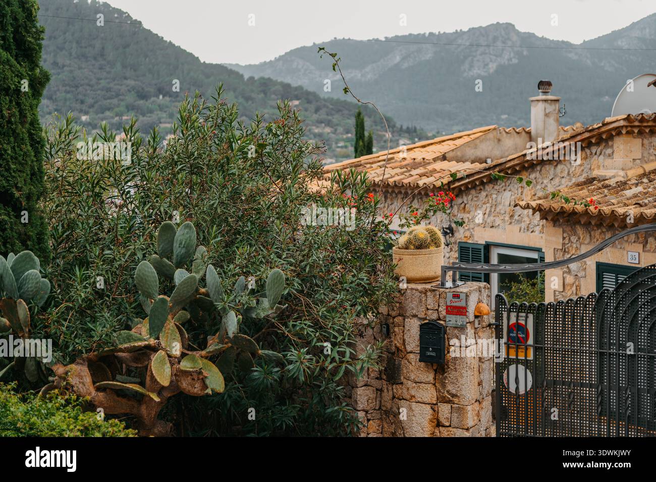 Mediterranes Steinhaus mit Kakteen und Bergkulisse, Pollenca Stockfoto