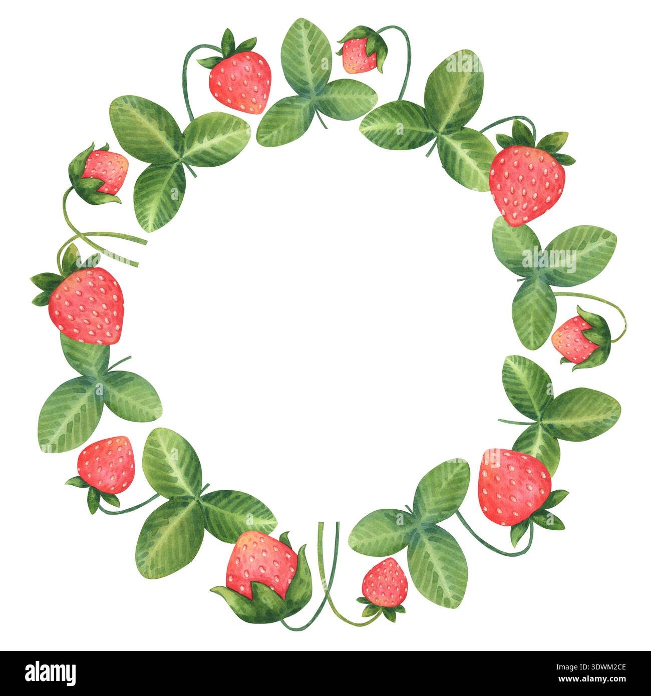 Niedlicher einfacher Kranz aus stilisierten Erdbeeren an einem Stiel und Blättern. Rundrahmen für den Sommer. Handgezeichnete Aquarellillustration isoliert auf einer weißen Ba Stockfoto