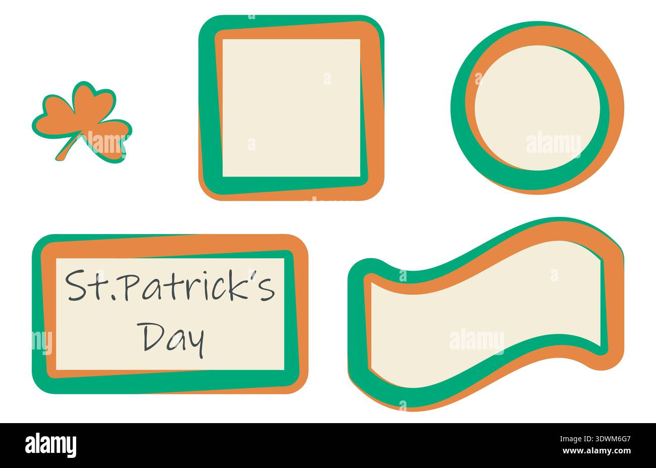 Dekoratives Rahmenset. Irisches Dekor-Kit mit drei Farben, festliche Dekorborten am Patricks Day, Kreis-, Quadrat- und Dreiecksformen für Stock Vektor