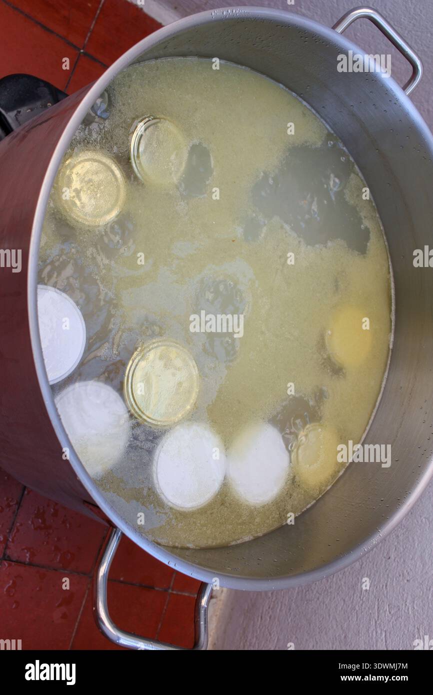 Blick auf mehrere Glaskonserven, gefüllt mit Premium Bonito del Norte Thunfischloins und extra nativem Olivenöl. Traditioneller spanischer Gourmet Stockfoto