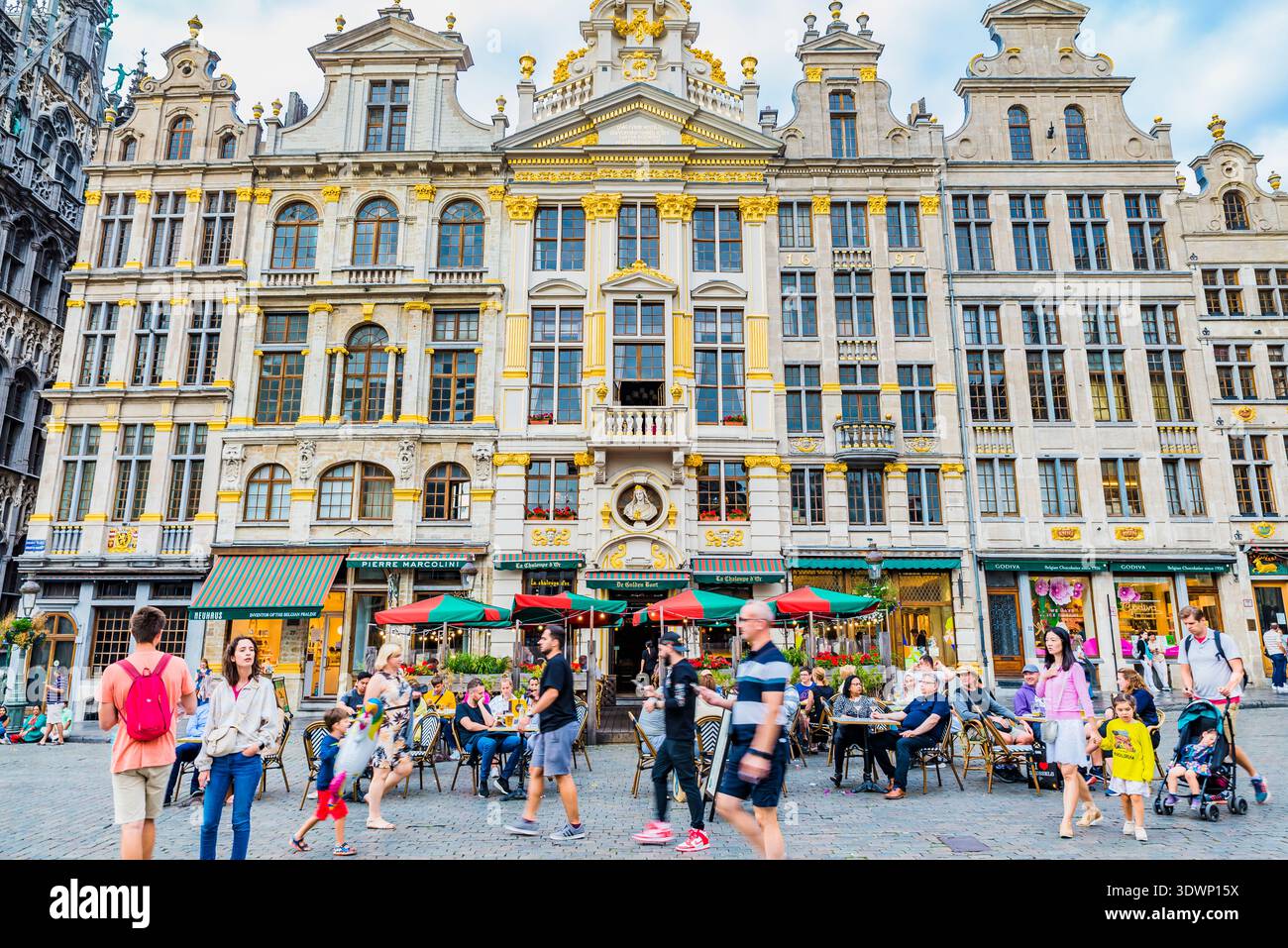 Grand-Place oder Grote Markt. Häuser 20 bis 28. Von rechts nach links: Le Cerf, Joseph et Anne, L'Ange, La Chaloupe d'Or, Le Pigeon und Le Marchand d'Or. Zentral Stockfoto