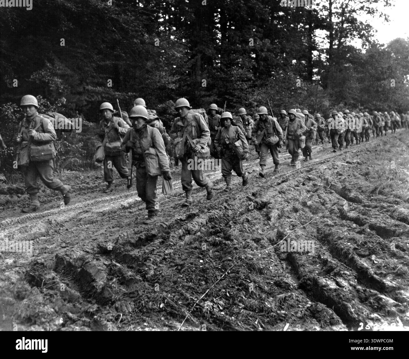 Ein düsteres Schwarz-weiß-Foto von Ende 1944 zeigt japanisch-amerikanische Infanteristen des 442. Regimentskampfteams, als sie stoisch eine tief schlammige französische Straße im Chambois-Sektor hinaufmarschieren. Diese engagierten Soldaten, die Teil einer hoch dekorierten Einheit sind, sind mit Ausrüstung und Uniformen voll beladen, was die harten Realitäten des Kampfes während des Zweiten Weltkriegs widerspiegelt Stockfoto