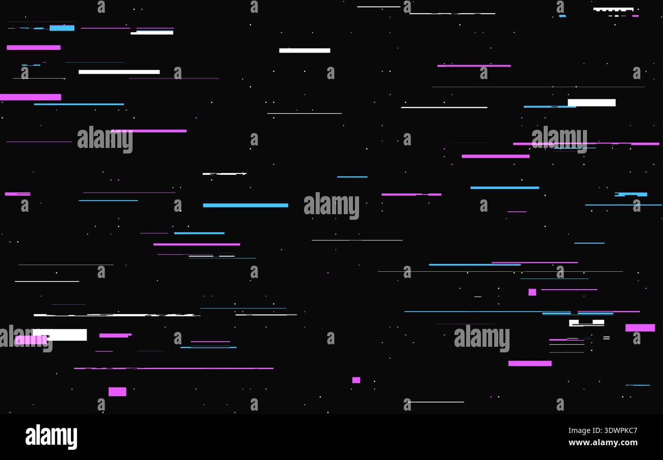 Abstrakter Störeffekt. Farblinien und Pixel auf dunklem Hintergrund. Videosignalfehler. Verzerrte Textur mit zufälligen Formen. Digitale Daten mit Überlagerung Stock Vektor