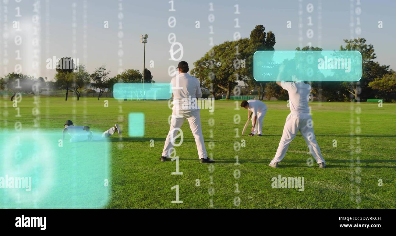 Vier Männer in Cricket-Weißen spielen, auf dem Parkplatz spielen, mit Schläger, Ball, Helm, HUD Stockfoto