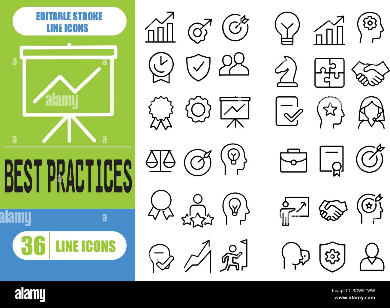 BEST Practices-Symbolgruppe. Mit Workflow, Richtlinien, Leistung, Standards, Verbesserungen, Protokolle, Verfahren und Methodik. Volumenkörpervektor ico Stock Vektor