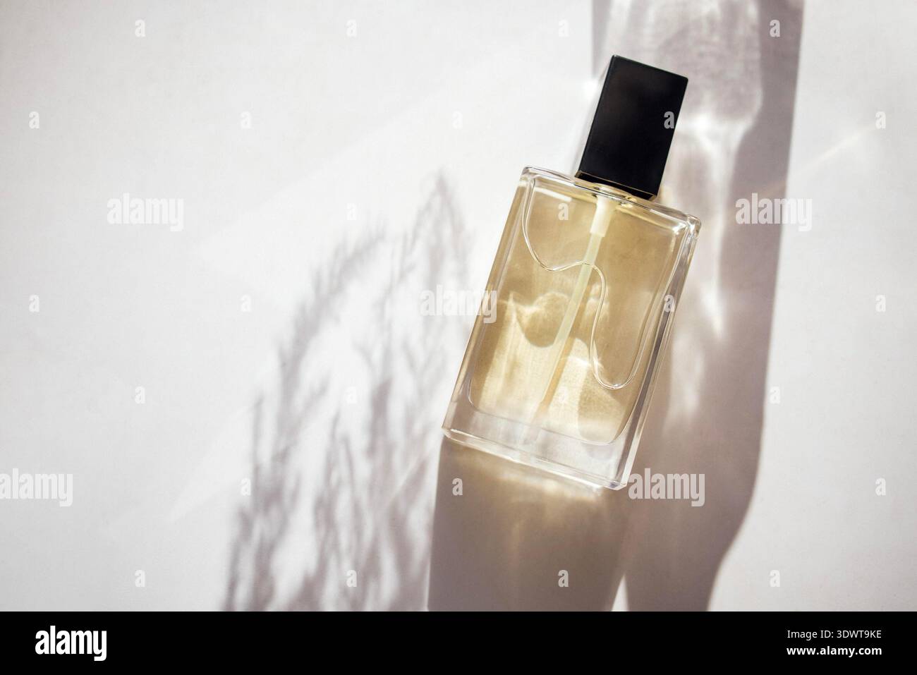 Die elegante Parfümflasche liegt auf einer hellen Oberfläche auf und wirft zarte Schatten, die die Eleganz und den Reiz des Duftes im Inneren betonen. Perfekt für das Beauty-Marketing Stockfoto
