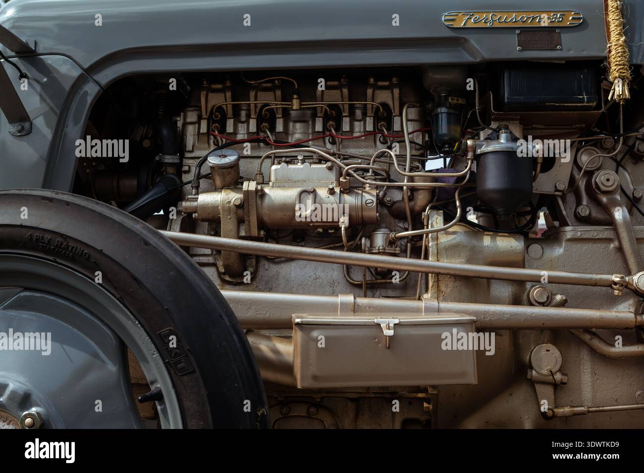 Details zum Motorraum des Traktors Ferguson 35, der den Reihenvierzylindermotor mit offener Motorhaube bei einer Oldtimer-Rallye zeigt. Stockfoto