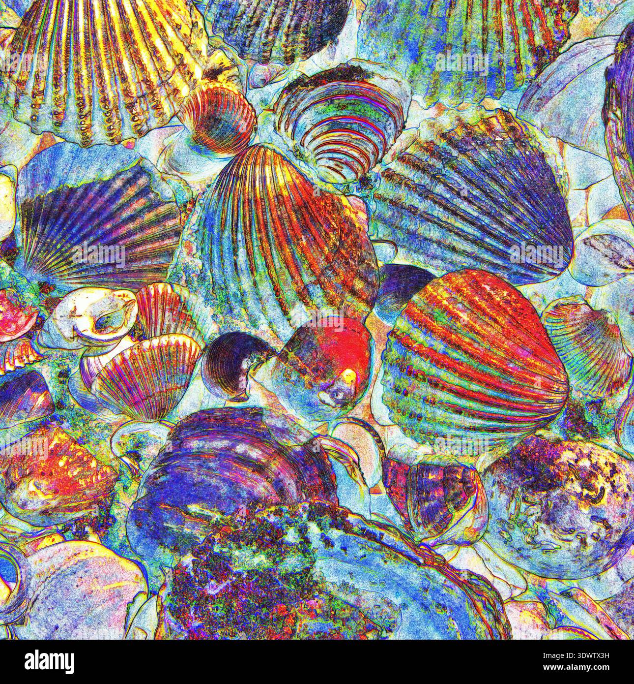 Farbenfrohe Muscheln in einem Stil, der einer Kunstzeichnung ähnelt. Stockfoto