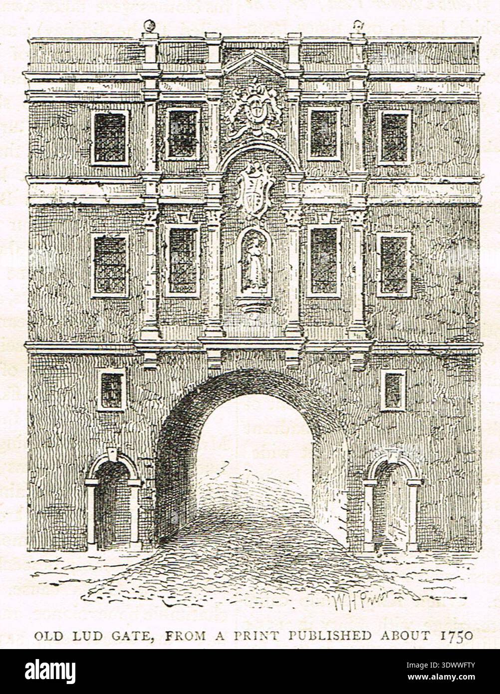 Old Lud Gate, London, aus einem um 1750 erschienenen Druck. Ludgate war das westlichste Tor der Londoner Mauer. Römischer Herkunft wurde sie mehrmals umgebaut und am 30. Juli 1760 endgültig abgerissen. Stockfoto