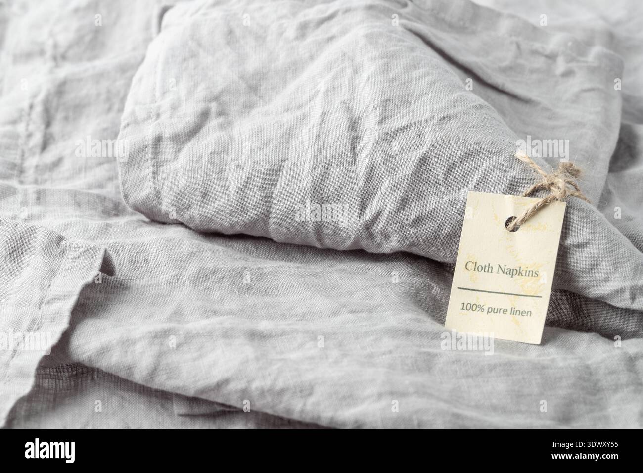 Gefaltete Serviette aus natürlichem hellgrauem Leinen mit Seil und Papieranhänger mit Text Stoffservietten 100% Pure Leinen. Stoffhintergrund im Vintage-Stil mit Cop Stockfoto